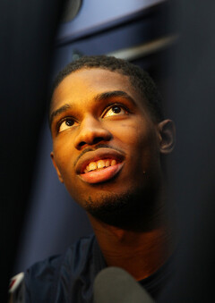 C.J. Fair (5) of the Syracuse Orange responds in the locker room during the Final Four interviews.