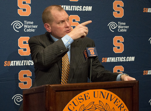 Scott Shafer addresses the media at a National Signing Day press conference. The Syracuse head coach locked up his 19-man Class of 2013 throughout the day.