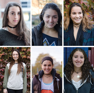 (Clockwise from top left) Sorenna Brown, Helena Battipaglia, Brittany Bladd, Rachel Lazarovitch, Becca Lurie and Andrea Mosk wear chokers to add to their fall looks. The choker has made a comeback to the Syracuse University campus, despite its grungy, '90s look.