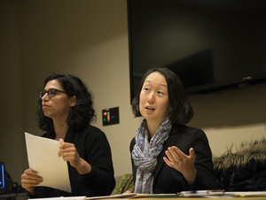 Three U.S. Department of Education Office for Civil Rights attorneys were at SU on Tuesday to get input from students and faculty about what they think Syracuse University could do to better handle cases of sexual assault, among other things. In the above photo, two of the three attorneys, Sandeep Randhawa, right, and Grace Kim, left, speak with meeting attendees. 