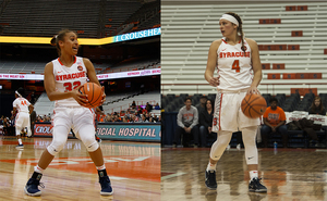 Miranda Drummond (left) and Tiana Mangakhia (right) rank first or second in numerous categories for SU, including points, steals and minutes played.