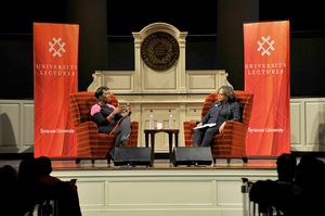 Lorraine Branham, dean of the S.I. Newhouse School of Public Communications, spoke with Reid during the lecture in Hendricks Chapel.