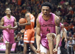 Hokies' Nickeil Alexander-Walker celebrates during Syracuse's loss to Virginia Tech.