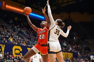 Syracuse guards Georgia Woolley and Sophie Burrows combined for 33 points against Cal, but its frontcourt struggled down the stretch in a 75-69 loss.