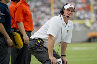 Head coach Scott Shafer looks on from the sideline. Shafer coached his first game as a head coach on Saturday. 