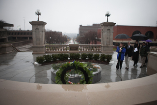 Members of the Syracuse community gather at the Place of Remembrance in memoriam of the 35 SU students killed in the Pan Am 103 terrorist attack. 