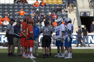 Syracuse and Duke faceoff specialist meet up at the start of the game.