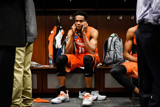 Brissett makes a call after the game. He added a block and steal in the contest. 