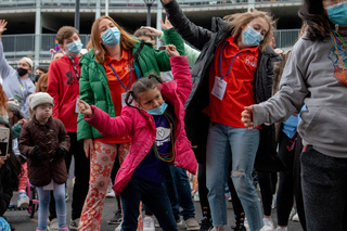 Students and members of the miracle families perform the moral dance outside of the Upstate Golisano Children’s Hospital.