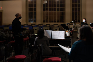 Theresa Chen, an instructor of applied music and performance (jazz piano) in the Setnor School of Music, plays during a rehearsal. 