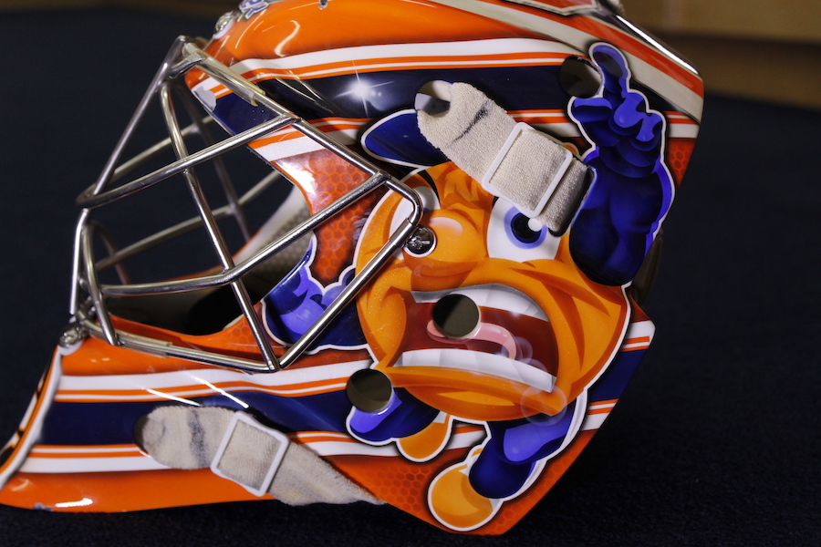 Side profile of Ady Cohen’s mask with Otto the Orange